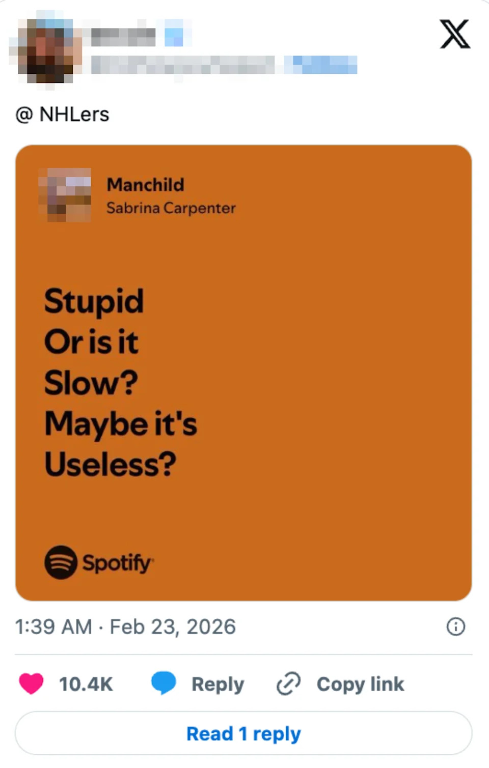 Spotify song share of "Manchild" by Sabrina Carpenter with comments