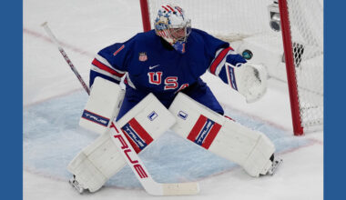 American Jeremy Swayman allows a long-distance goal against Denmark at the Olympics