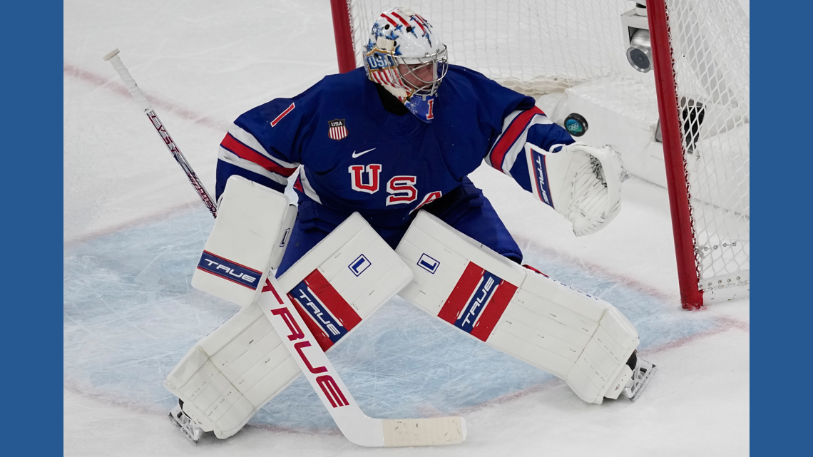American Jeremy Swayman allows a long-distance goal against Denmark at the Olympics