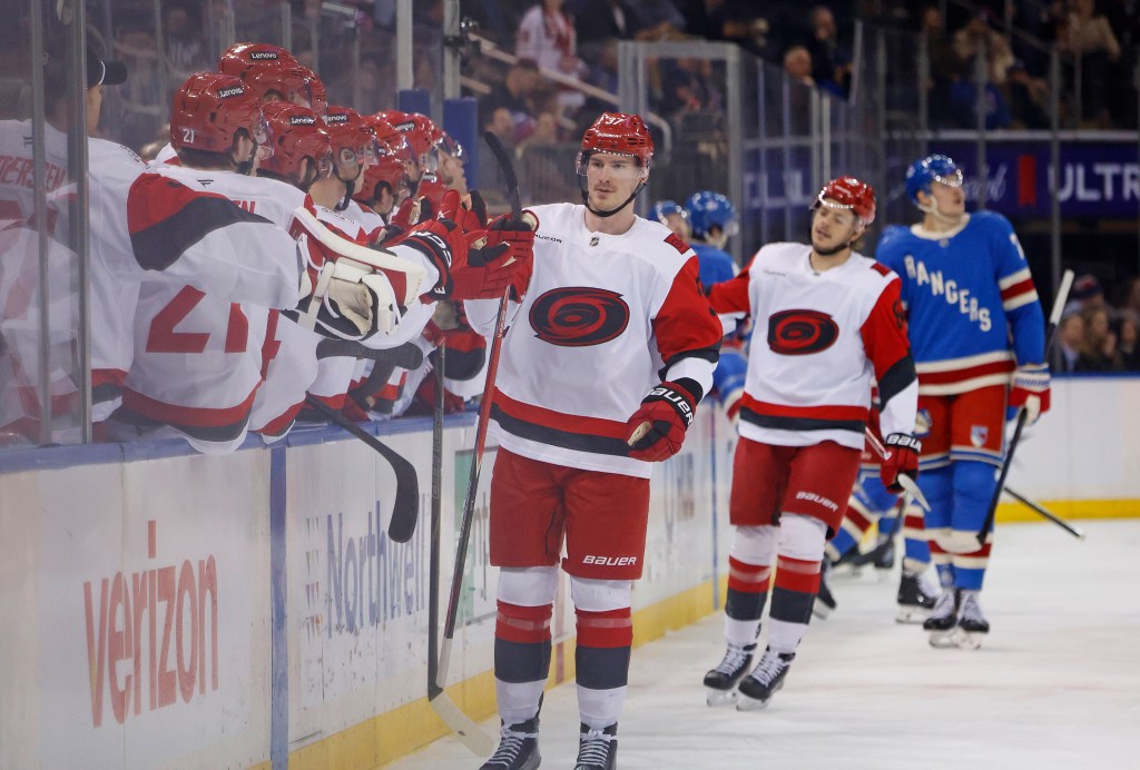 Carolina Hurricanes right wing Andrei Svechnikov (37) celebrates with his teammates after scoring a goal.