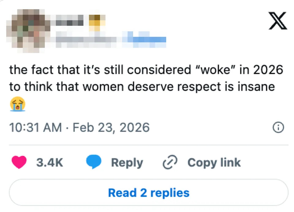 Tweet by user expressing disbelief that respecting women is still considered "woke" in 2026