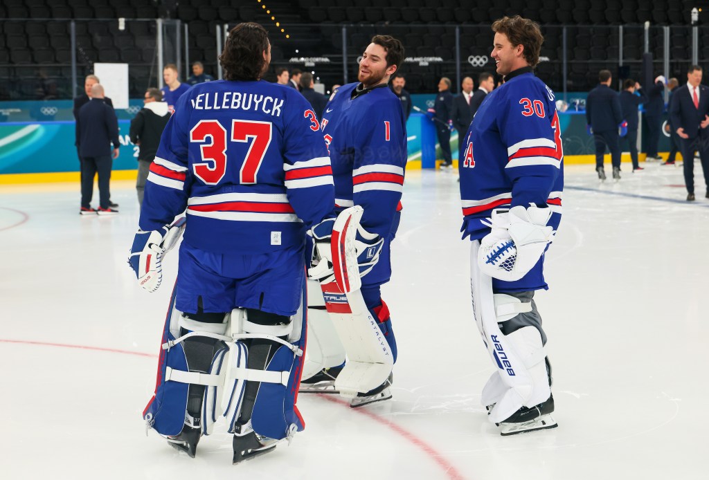 Connor Hellebuyck (left), Jeremy Swayman (middle) and Jake Oettinger on the practice ice for Team USA at the Olympics on Feb. 9, 2026.