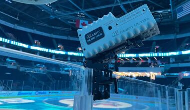 A close-up of a video camera mounted on the glass boards of an indoor ice hockey rink, with empty seats and Canadian and American flags visible in the arena background.