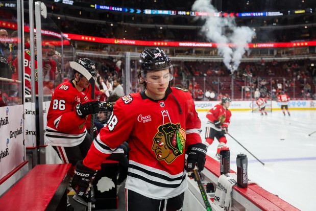 Chicago Blackhawks center Connor Bedard (98) walks to ice for warm-ups before the first period against the San Jose Sharks at the United Center Monday Feb. 2, 2026 in Chicago. (Armando L. Sanchez/Chicago Tribune)