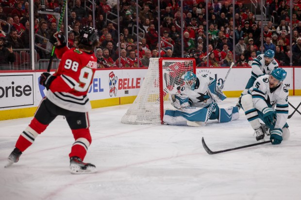 Chicago Blackhawks center Connor Bedard (98) scores a goal past San Jose Sharks goaltender Yaroslav Askarov (30) during the first period at the United Center Monday Feb. 2, 2026 in Chicago. (Armando L. Sanchez/Chicago Tribune)