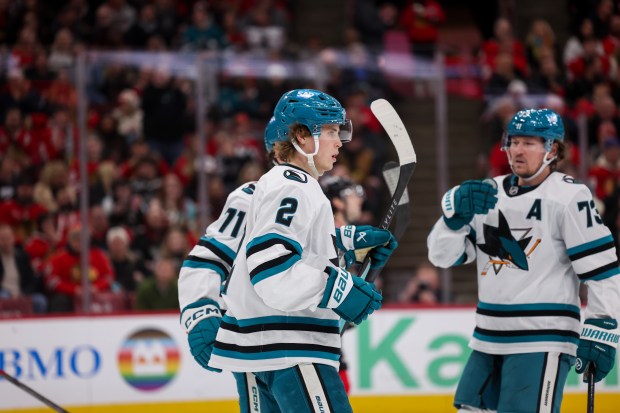 San Jose Sharks center Will Smith (2) celebrates after scoring a goal during the second period against the Chicago Blackhawks at the United Center Monday Feb. 2, 2026 in Chicago. (Armando L. Sanchez/Chicago Tribune)
