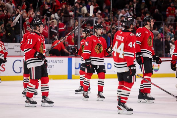 Chicago Blackhawks players celebrate after defeating the San Jose Sharks, 6-3, at the United Center Monday Feb. 2, 2026 in Chicago. (Armando L. Sanchez/Chicago Tribune)