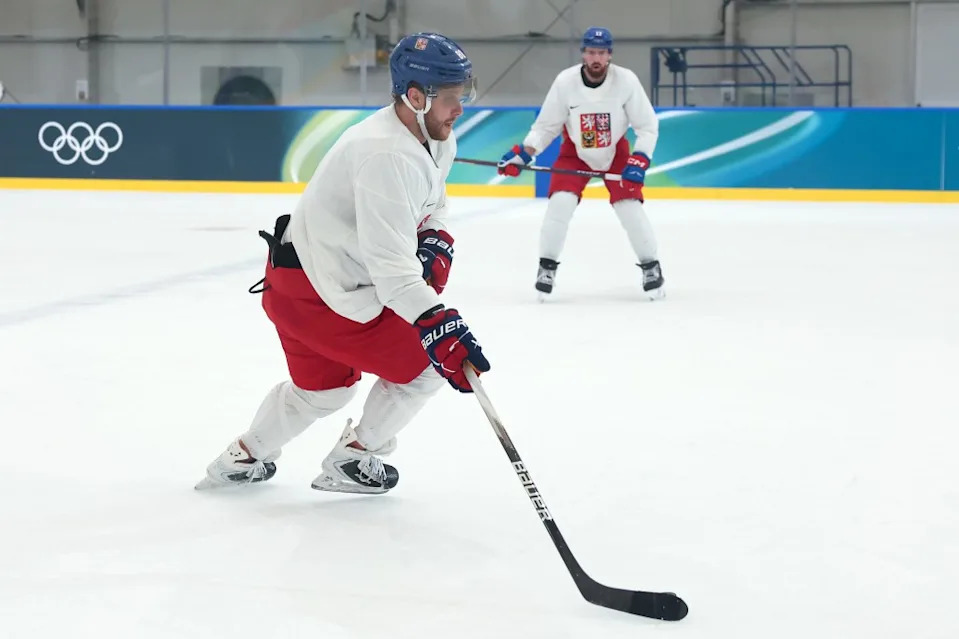 Bruin star David Pastrnak, skating during a practice for Team Czechia on Feb. 9, 2026, said he is thrilled to be playing in the Olympics Getty Images