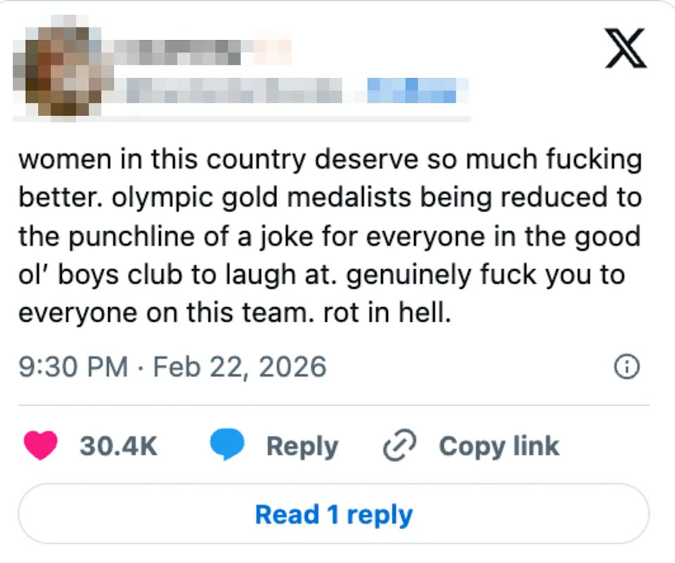 Tweet expressing frustration about Olympic gold medalists being reduced to jokes, advocating for respect towards women