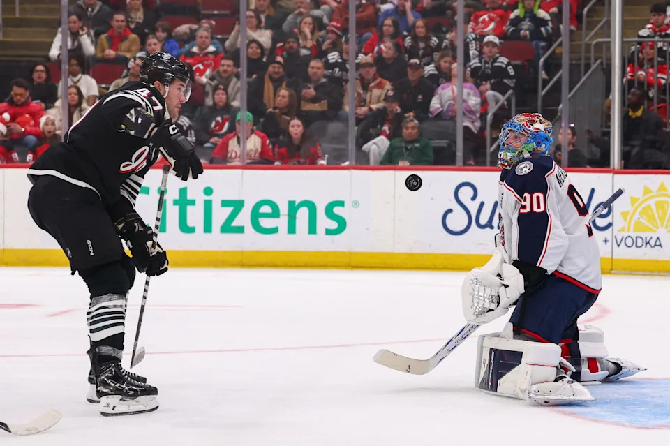 Blue Jackets goaltender Elvis Merzlikins made 24 saves against the Devils on Feb. 3.