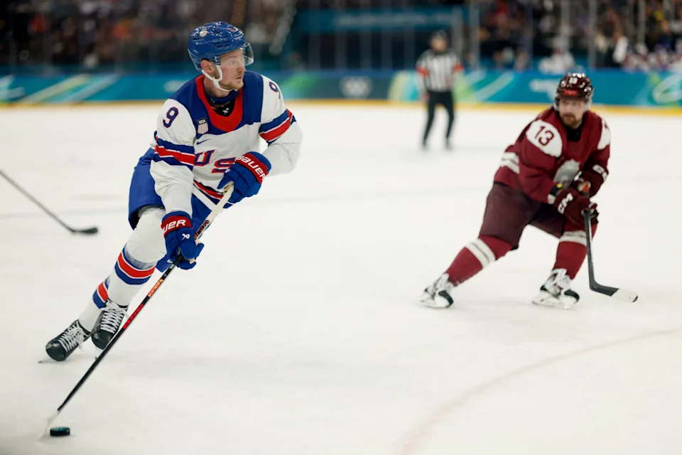 <p>Feb 12, 2026; Milan, Italy; Jack Eichel of United States in action against Latvia in men’s ice hockey group C play during the Milano Cortina 2026 Olympic Winter Games at Milano Santagiulia Ice Hockey Arena. Mandatory Credit: Geoff Burke-Imagn Images</p>