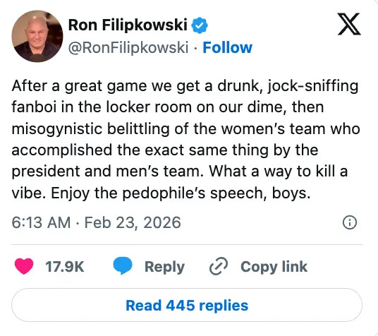 Tweet criticizing a post-game locker room interview of men's team as misogynistic and contrasting it with the treatment of women's team, dated Feb 23, 2026