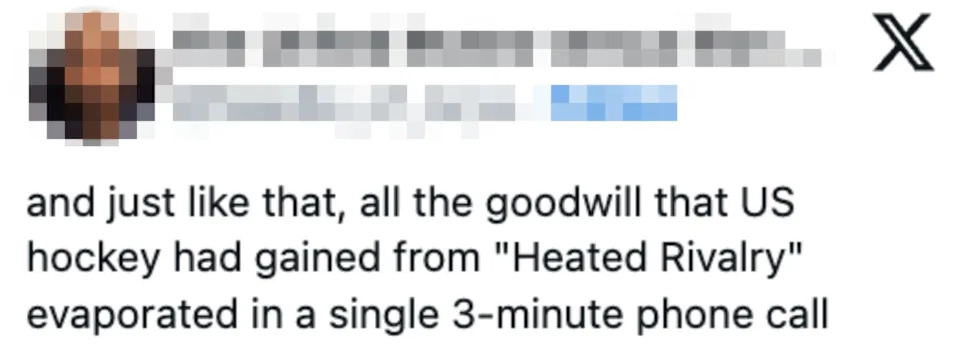 Tweet mentions loss of US hockey goodwill after a 3-minute phone call, following "Heated Rivalry" events
