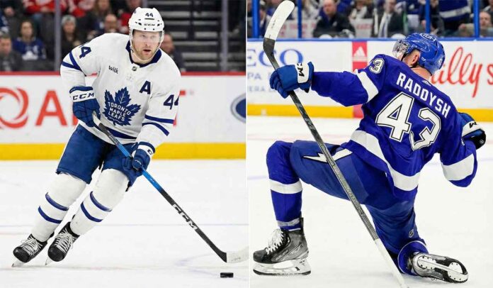 A split-screen image showing two NHL defensemen. On the left, Morgan Rielly of the Toronto Maple Leafs, wearing a white away jersey with the number 44 and an 'A', skates with the puck during a game. On the right, Darren Raddysh of the Tampa Bay Lightning, in a blue home jersey with the number 43, kneels on the ice with his arms raised in celebration after scoring a goal.