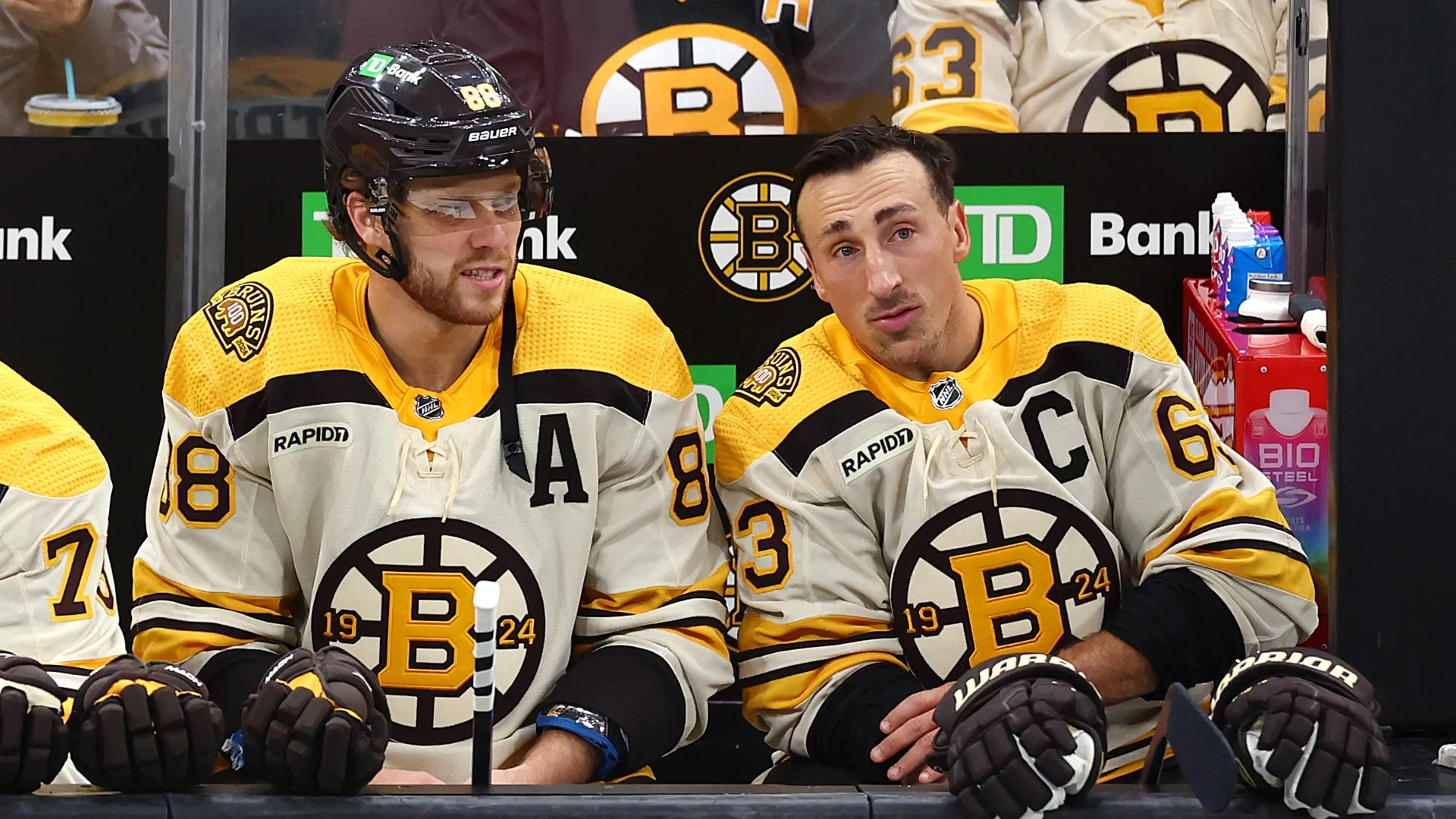 David Pastrnak and Brad Marchand during a game with the Bruins
