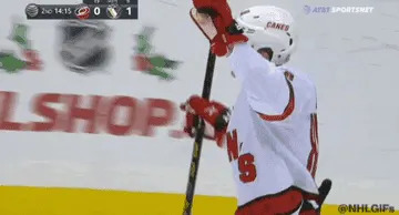 A hockey player celebrates a goal by raising his stick, with the crowd cheering in the background