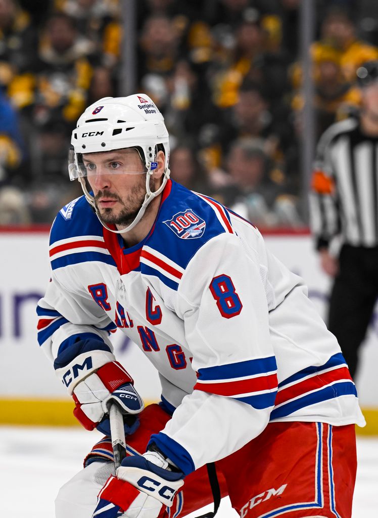 New York Rangers center J.T. Miller (8) looks on during the third period in the NHL game between the Pittsburgh Penguins and the  New York Rangers on January 31, 2026, at PPG Paints Arena in Pittsburgh, PA. (Photo by Jeanine Leech/Icon Sportswire via Getty Images)