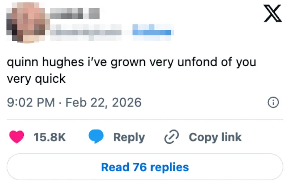 A social media post expressing dislike towards Quinn Hughes