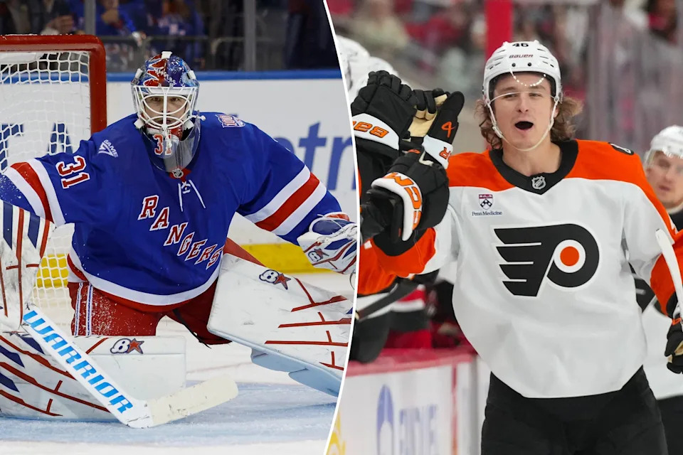 An image collage containing 2 images, Image 1 shows New York Rangers goaltender Igor Shesterkin defends the net, Image 2 shows Philadelphia Flyers center Trevor Zegras (46) celebrates a goal with teammates on the bench