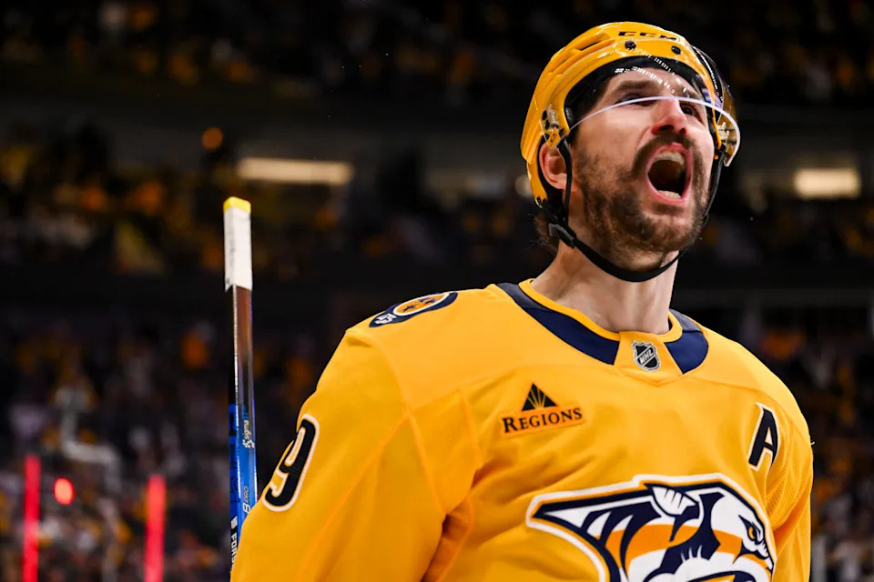 <p>Feb 2, 2026; Nashville, Tennessee, USA; Nashville Predators left wing Filip Forsberg (9) celebrates his goal against the St. Louis Blues during the second period at Bridgestone Arena. Mandatory Credit: Steve Roberts-Imagn Images</p>