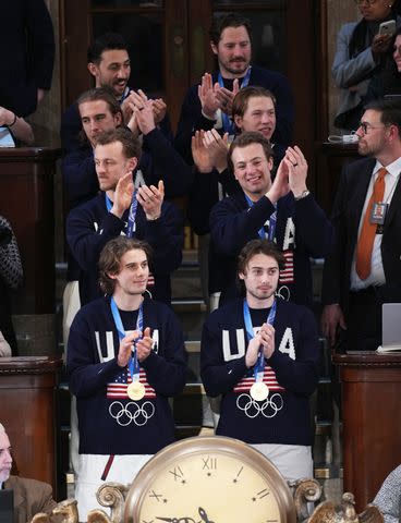 Members of the U.S. men's hockey team at Donald Trump's State of the Union speech on Feb. 24, 2026Credit: Andrew Harnik/Getty