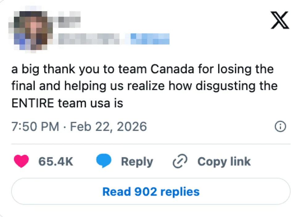 Social media post thanking Team Canada for losing a final, stating it reveals how disgusting Team USA is