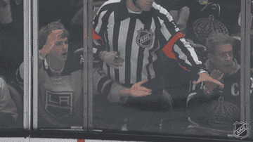 A refree makes a gesture with his hands at a hockey game