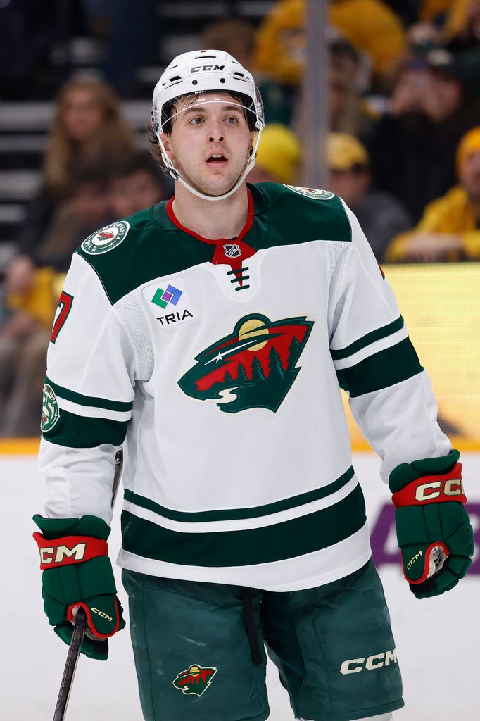Brock Faber #7 of the Minnesota Wild reacts after a play during the third period of the game against the Nashville Predators at Bridgestone Arena on February 04, 2026 in Nashville, Tennessee. (Photo by Johnnie Izquierdo/Getty Images)