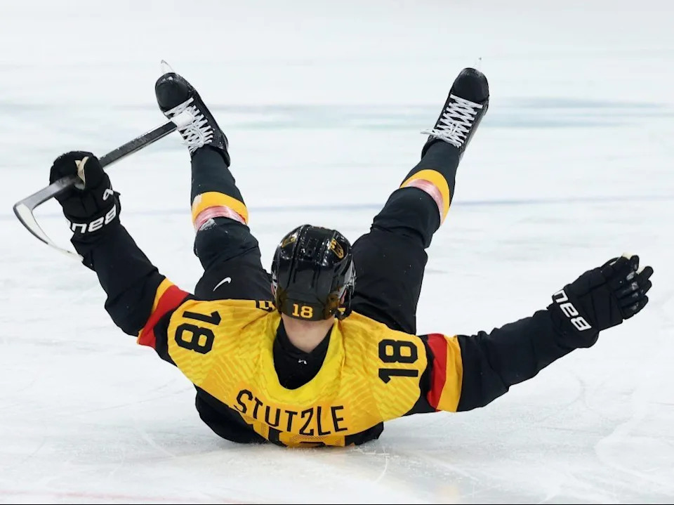  Tim Stutzle of Team Germany celebrates after scoring a goal in the second period of his team’s game against Denmark at the Winter Olympics in Milan, Italy.
