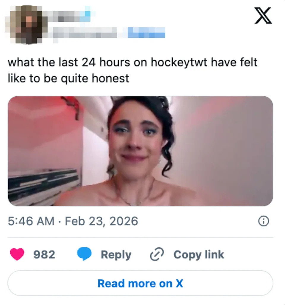 Social media post with a person making a concerned expression, relating to recent events on "hockeytwt."
