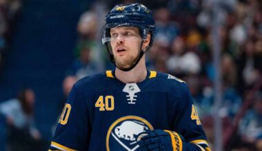 NHL player Elias Pettersson is pictured on an ice hockey rink wearing a dark blue Buffalo Sabres home jersey featuring the primary buffalo logo and number 40, along with a matching helmet and gloves, looking upwards to his left.