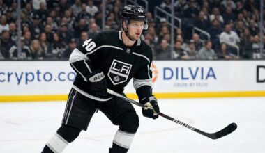 Elias Pettersson, wearing a black Los Angeles Kings #40 jersey and helmet, stands on the ice holding his hockey stick during a game.