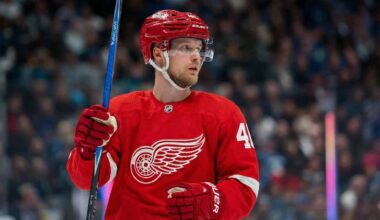 Elias Pettersson, wearing a Detroit Red Wings jersey and helmet, looks towards the right side of the frame while holding a hockey stick on the ice.