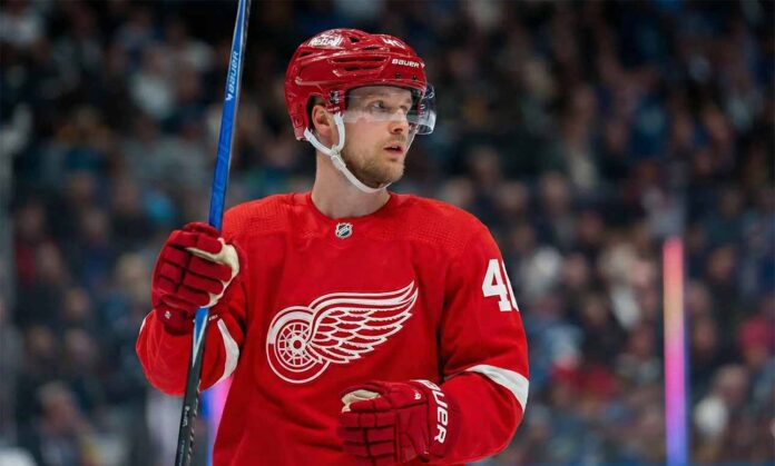 Elias Pettersson, wearing a Detroit Red Wings jersey and helmet, looks towards the right side of the frame while holding a hockey stick on the ice.