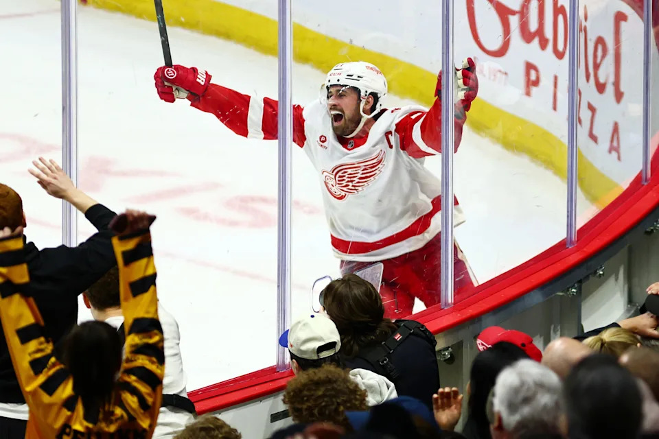Detroit Red Wings center Dylan Larkin (71) celebrates after scoring in overtime against the Ottawa Senators at Canadian Tire Centre in Ottawa on Thursday, Feb. 26, 2026.