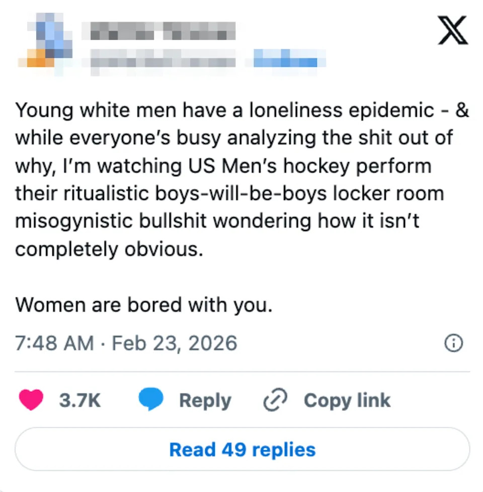 Tweet  discussing the loneliness epidemic among young white men and criticizing US Men's hockey for fostering toxic masculinity