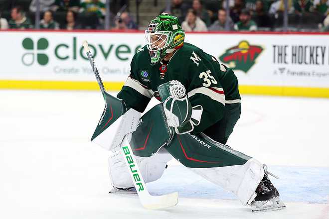 ST PAUL, MINNESOTA - SEPTEMBER 25: Samuel Hlavaj #35 of the Minnesota Wild defends his net against the Dallas Stars in the second period during an NHL Preseason game at Grand Casino Arena on September 25, 2025 in St Paul, Minnesota. (Photo by David Berding/Getty Images)