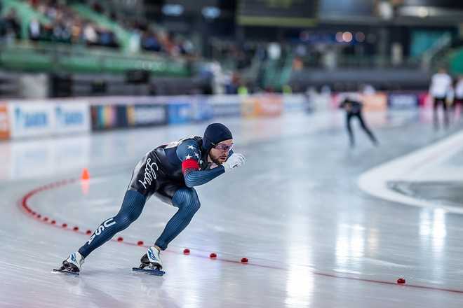 HAMAR, NORWAY - DECEMBER 13: Zach Stoppelmoor of United States competes in Men’s 1000m race during day 2 of the ISU World Cup Speed Skating - Hamar at Hamar Olympic Hall Vikingskipet on December 13, 2025 in Hamar, Norway. (Photo by Christian Kaspar-Bartke - International Skating Union/International Skating Union via Getty Images)