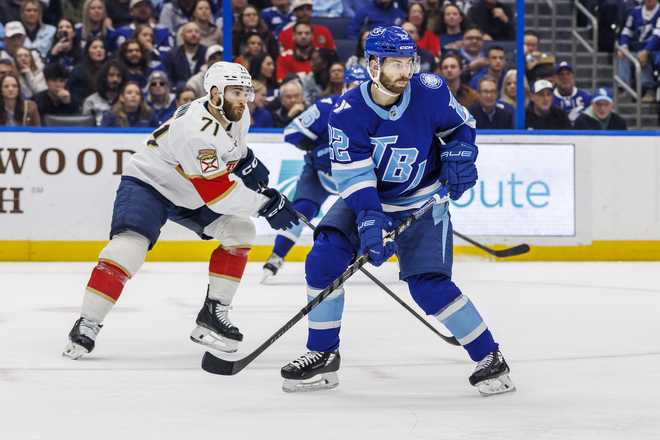 TAMPA, FL - FEBRUARY 5: Oliver Bjorkstrand #22 of the Tampa Bay Lightning against the Florida Panthers at Benchmark International Arena on February 5, 2026 in Tampa, Florida. (Photo by Mark LoMoglio/NHLI via Getty Images)
