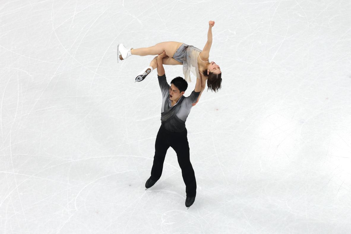Japanese figure skaters Riku Miura and Ryuichi Kihara compete in the team event. Japan finished with the silver.