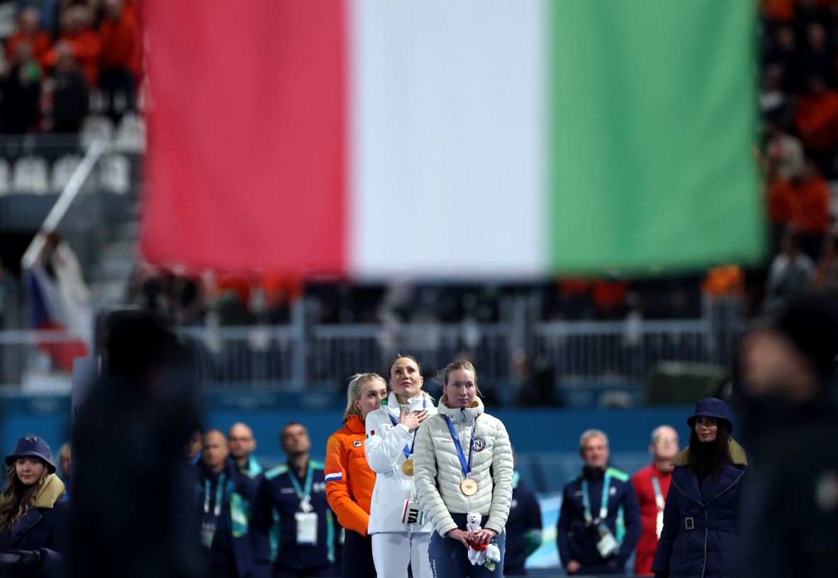From left, the Netherlands' Merel Conijn, Italy's Francesca Lollobrigida and Norway's Ragne Wiklund stand on the podium after a speedskating event on February 12. <a href=