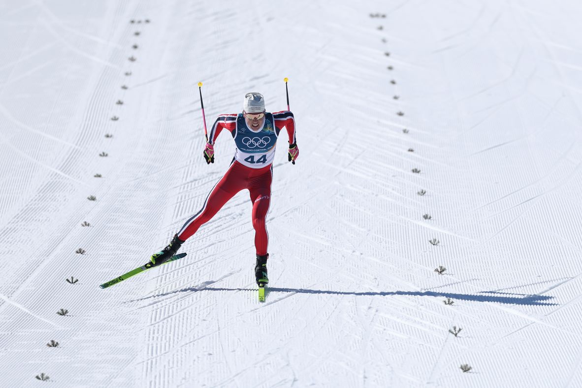 Norway's Johannes Høsflot Klæbo approaches the finish line in the 10km interval start event on February 13. Klæbo won the event to collect <a href=