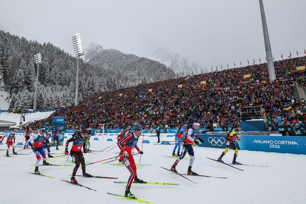 Athletes compete in the men's biathlon 4 x 7.5km relay on February 17.
