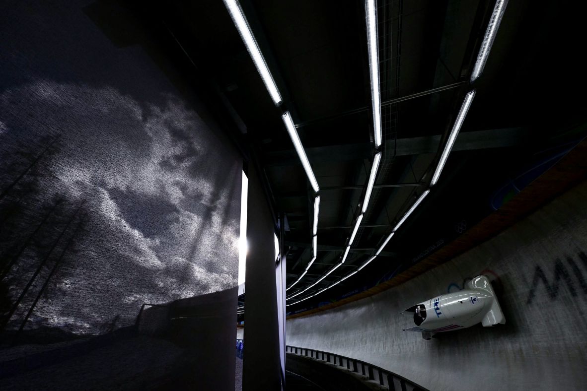 Taiwanese bobsledder Sin-Rong Lin trains on February 17.
