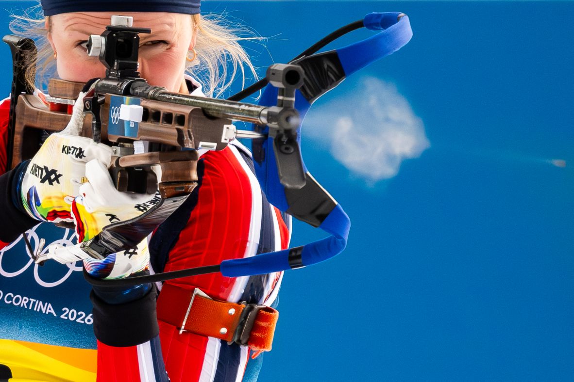 Norway's Karoline Offigstad Knotten shoots during the women's biathlon 4 x 6km relay on February 18.