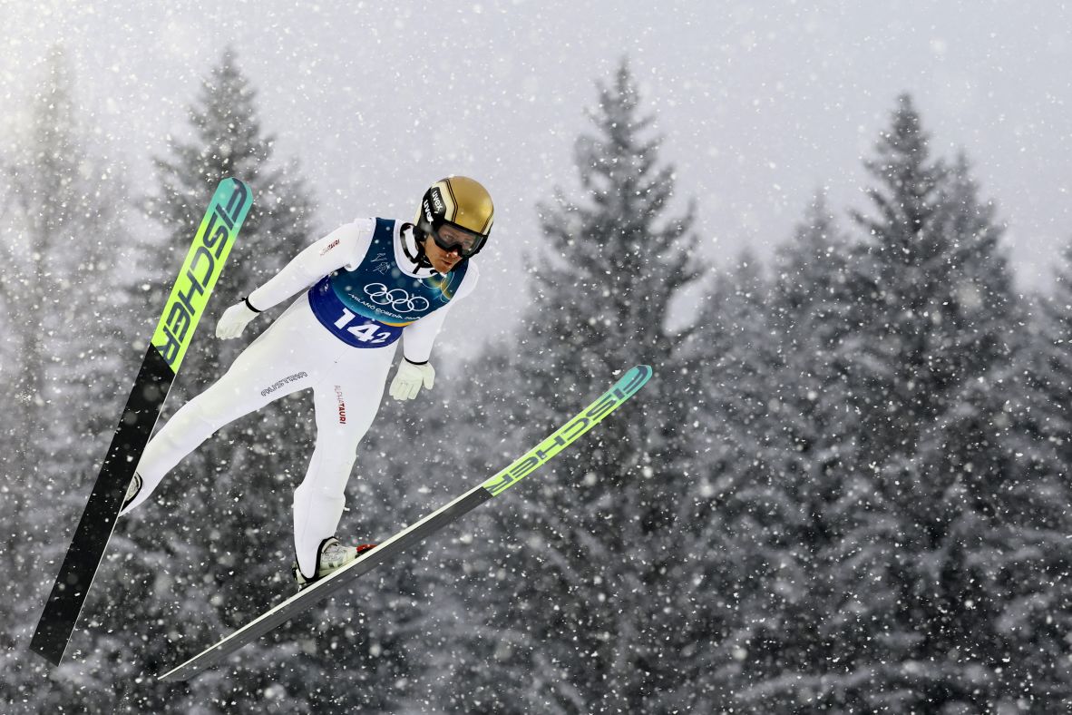 Austria's Johannes Lamparter competes in the ski jumping round of the nordic combined team sprint on Thursday, February 19.