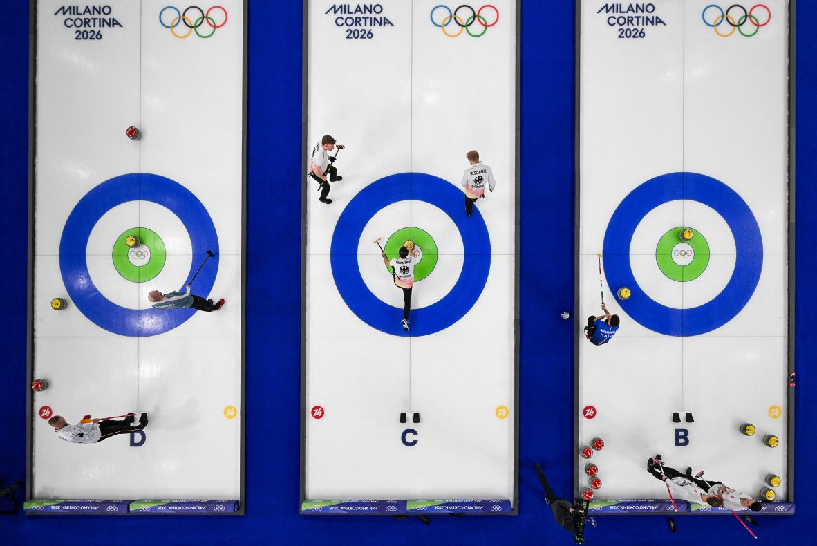 From left, curlers of Norway vs. Canada, China vs. Germany and Italy vs. Switzerland compete in men's round-robin games on February 19.