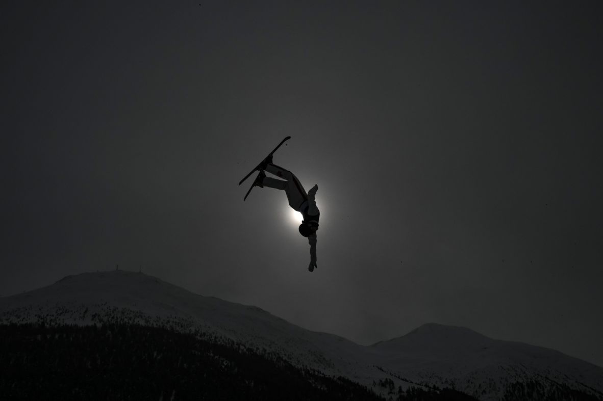 Canada's Marion Thenault warms up before the freestyle skiing mixed team aerials final on February 21.