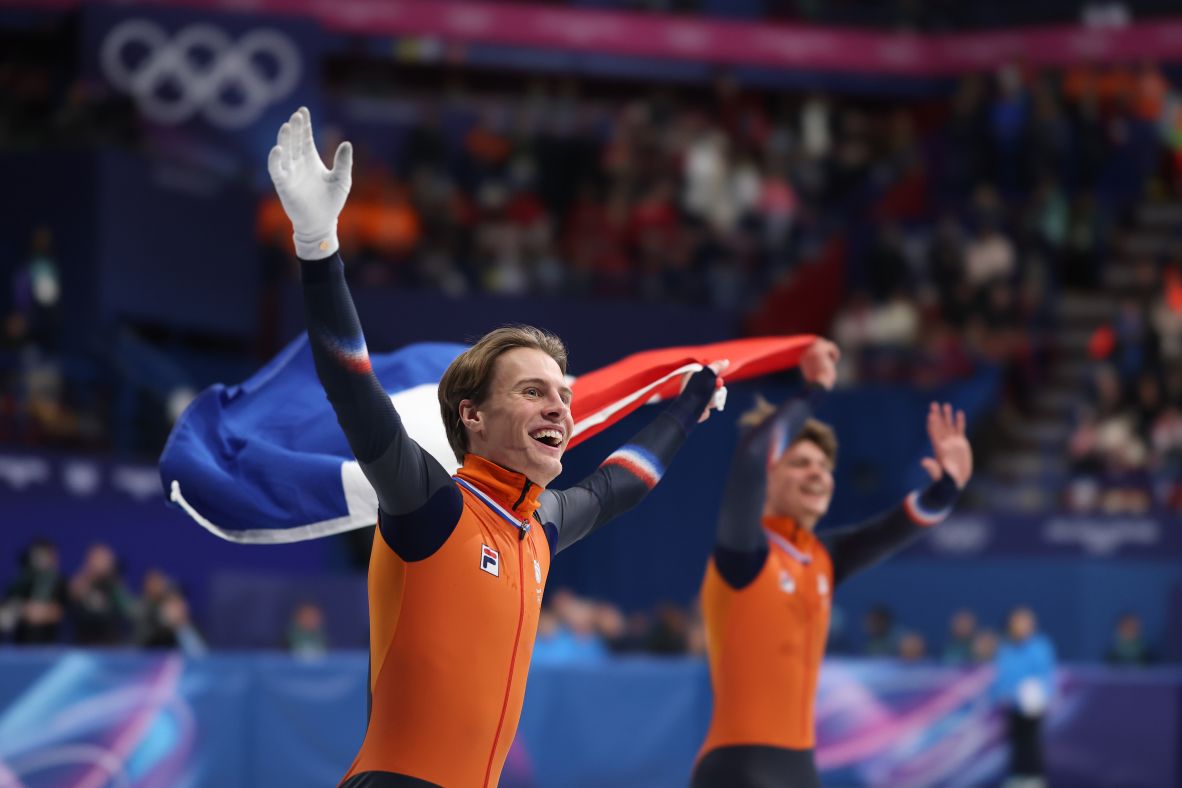 Brothers Jens van 't Wout and Melle van 't Wout of the Netherlands celebrate claiming bronze and silver in <a href=
