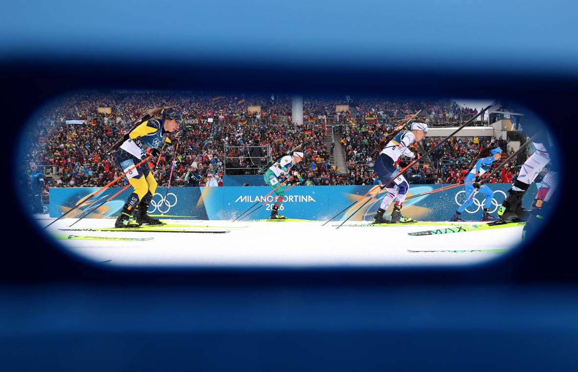 Athletes compete in the women's 12.5km biathlon mass start on February 21.